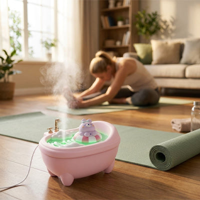 Humidificateur d air   Baignoire rose posé parterre jeune fille faisant étirement musculaire