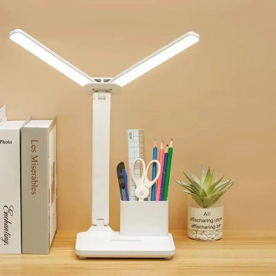 Lampe bureau LED Design deux branches allumées une grand support stylos