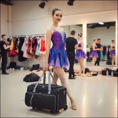 Penderie de voyage Deluxe noir gris portée par danseuse traversant vestiaire salle de danse