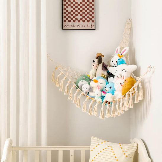 Filet De Rangement Peluches Boho - Triangle Suspendu 105x105x145 Cm Pour Chambre Enfant, Blanc Et Écologique