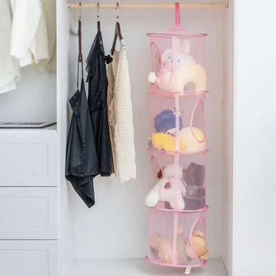Rangement pour peluche  Suspendu 4 compartiments rose suspendu dans dressing