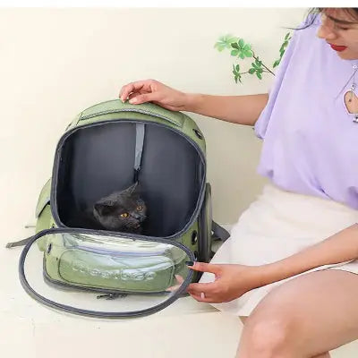 SAC A DOS - Pour Chat ou Petit Chien vert ouvert chaton intérieur côté jeune fille assise