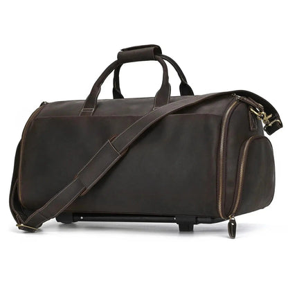 Sac de voyage - En cuir - Pliable - Avec Trolley - Marron Foncé - Rangement Innovant