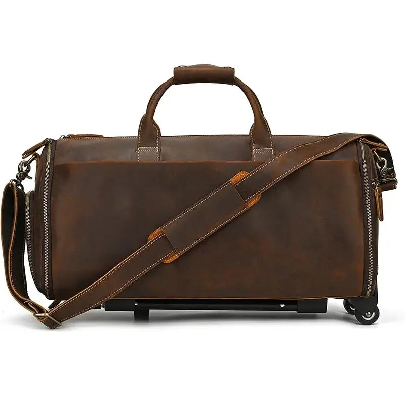 Sac de voyage - En cuir - Pliable - Avec Trolley - Marron - Rangement Innovant