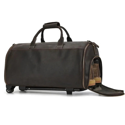 Sac de voyage - En cuir - Pliable - Avec Trolley - Marron - Rangement Innovant