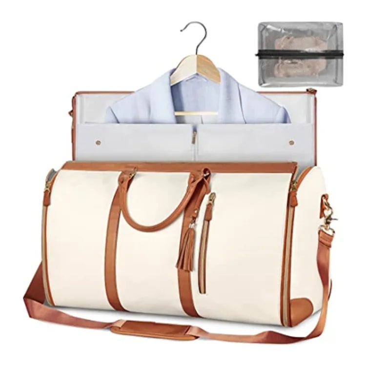 Sac-de-voyage-pliable-pratique-beige-marron-rangement-innovant