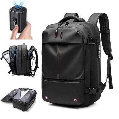sac de voyage a dos compressible sous vide avec pompe noir plusieurs fermé ouvert