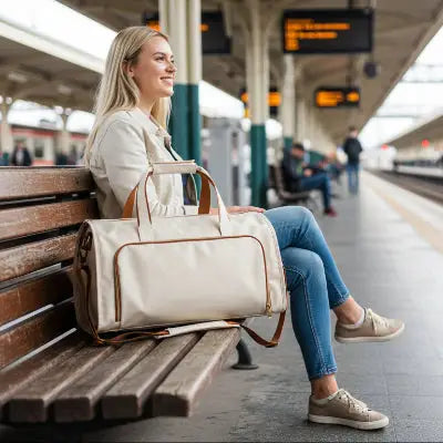 Sac de voyage  Pliable Fonctionnel beige posé sur banc quai de gare côté voyageuse blonde souriante