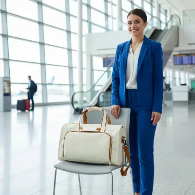 Sac de voyage  Pliable Fonctionnel beige posé sur chaise côté une voyageuse hall aéroport