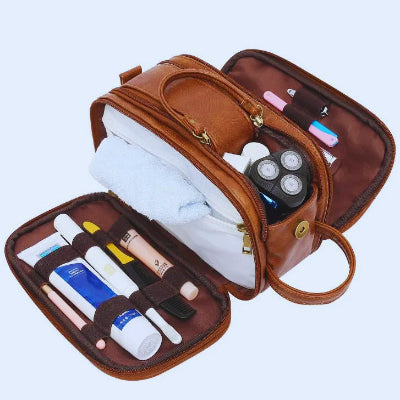 Trousse de toilette compartiment Élégante et Pratique marron ouverte