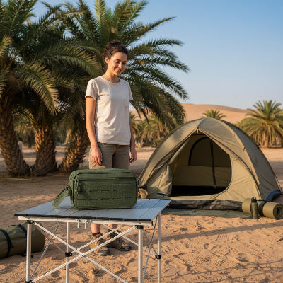Trousse de toilette compartiment vert posée sur table camping