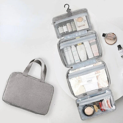 Trousse de toilette suspendue  Voyage Pratique gris ouverte et fermée