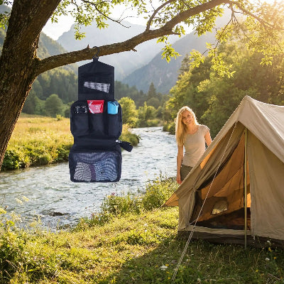 Trousse de toilette suspendue sur branche d'arbre