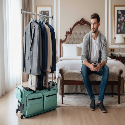 la valise avec penderie vert dans chambre hôtel