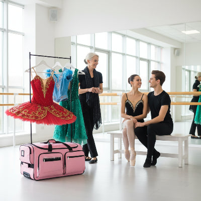 Valise avec penderie Pliable rose avec des costumes de scène suspendus sur son portant de vêtements