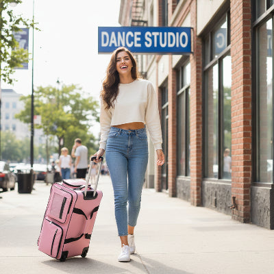 valise de penderie rose tirée par une jeune femme blonde souriante marchant dans la rue