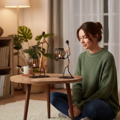 Bougeoir design bougie allumée sur petite table devant femme assise