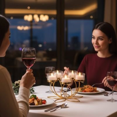 Bougeoir design cinq bougies allumées posé sur table diner à deux