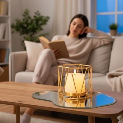 Bougeoir doré style cylindre posé sur table basse en bois enface jeune femme assise sur canapé