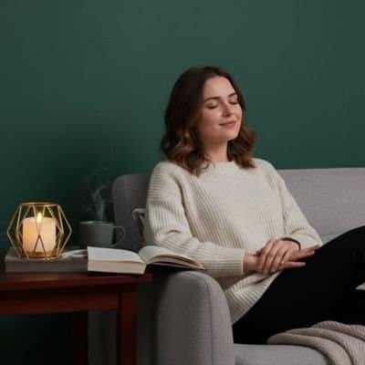 Bougeoir doré style lanterne posé sur support canapé côté jeune femme assise