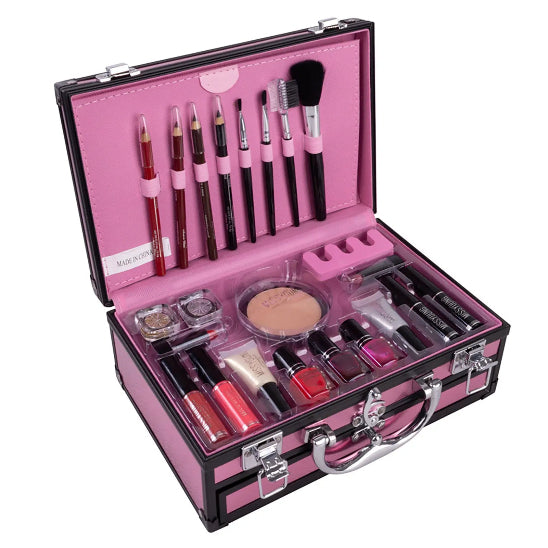 coffret maquillage rose rempli produits beauté