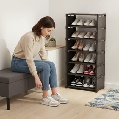 Etagere a chaussure noir sep niveaux côté jeune femme assise sur canapé