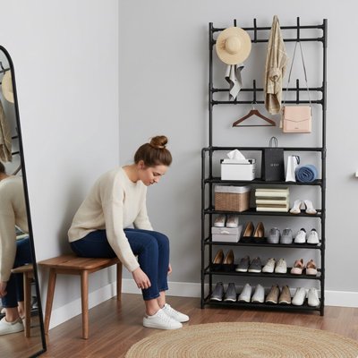 Étagère à chaussures noir cinq niveaux  côté jeune femme assise sur un banc