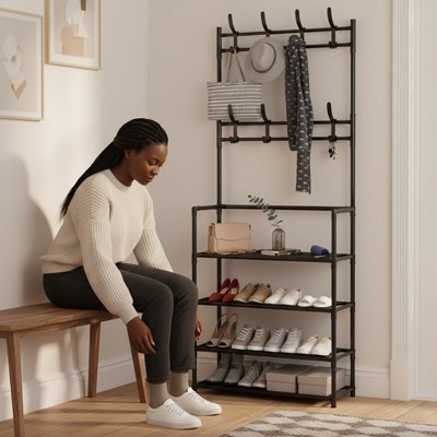 Étagère à chaussures noir quatre niveaux côté jeune femme assise sur un banc