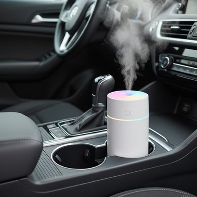Humidificateur blanc placé dans emplacement pour goblet dans voiture