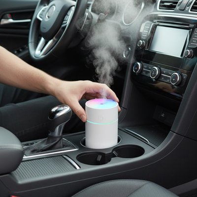Humidificateur blanc tenu à la main dans la voiture