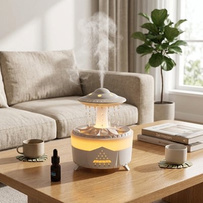 Humidificateur d air​ blanc posé sur table basse du salon