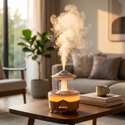 Humidificateur d air​ bois placé sur table basse salle de séjour