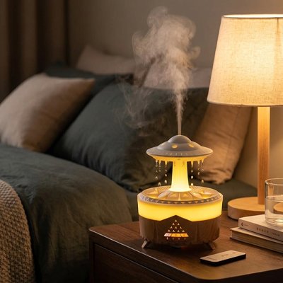 Humidificateur d air​ bois posé sur table de chevet