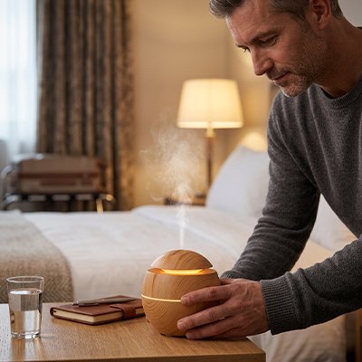 Humidificateur d air​ marron clair posé sur la table par un jeune homme 