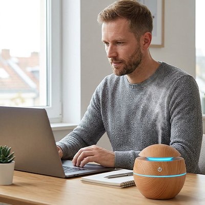 Humidificateur d air​ marron clair utilisé sur le bureau par un jeune homme