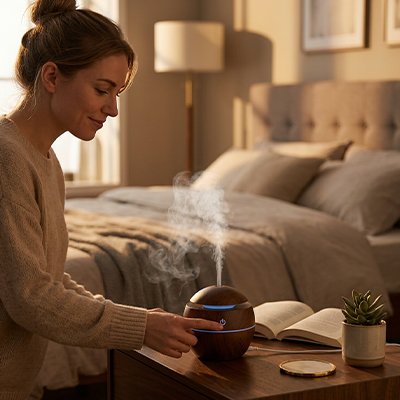 Humidificateur d air​ marron foncé sur table utilisé en chambre par une jeune femme