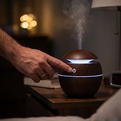 Humidificateur d air​ marron foncé utilisé dans la chambre