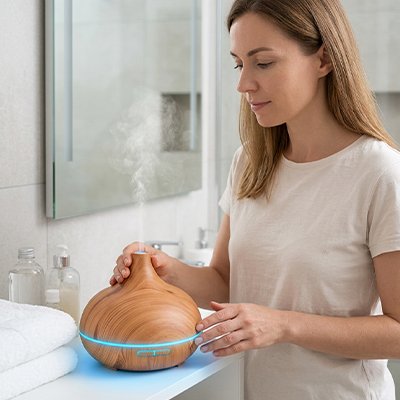 Humidificateur d air​ marron manipulé par une jeune femme