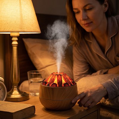 Humidificateur d air​ marron sur une table de chevet en face une utilisatrice 