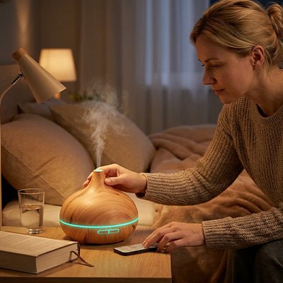 Humidificateur d air​ marron tenu dans les mains une jeune femme dans la chambre