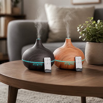 Humidificateur d air​ noir et marron posés sur table ronde dans le salon