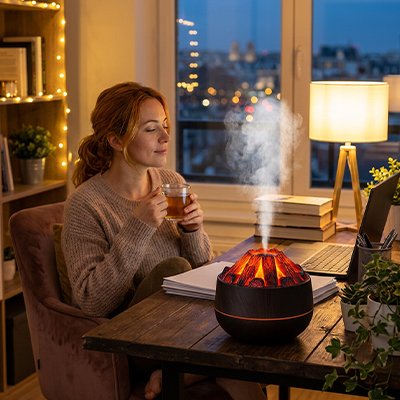 Humidificateur d air​ noir posé sur la table de manger 
