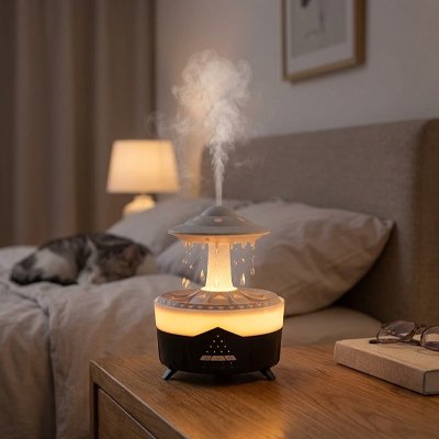 Humidificateur d air​ noir posé sur table dans la chambre