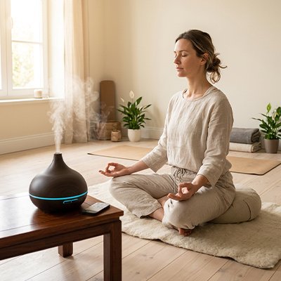 Humidificateur d air​ noir posé sur une table basse une jeune femme pratique la méditation