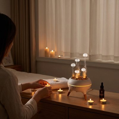 Humidificateur d air​ posé sur bureau devant une utilisatrice