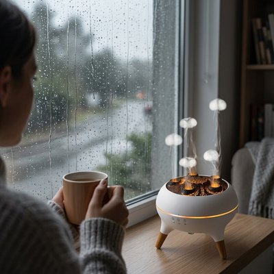 Humidificateur d air​ posé sur table au bord de la fenêtre