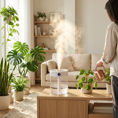 Humidificateur d air​ posé sur table basse du salon