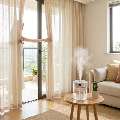Humidificateur d air​ posé sur table ronde au salon
