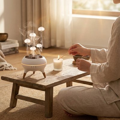 Humidificateur d air​ posé sur une table basse dans le salon