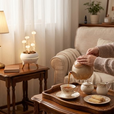Humidificateur d air​ sur petite table auprès du canapé